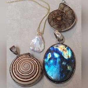 Labradorite, Ammonite, Sundial Shell & Pearl Pendants
